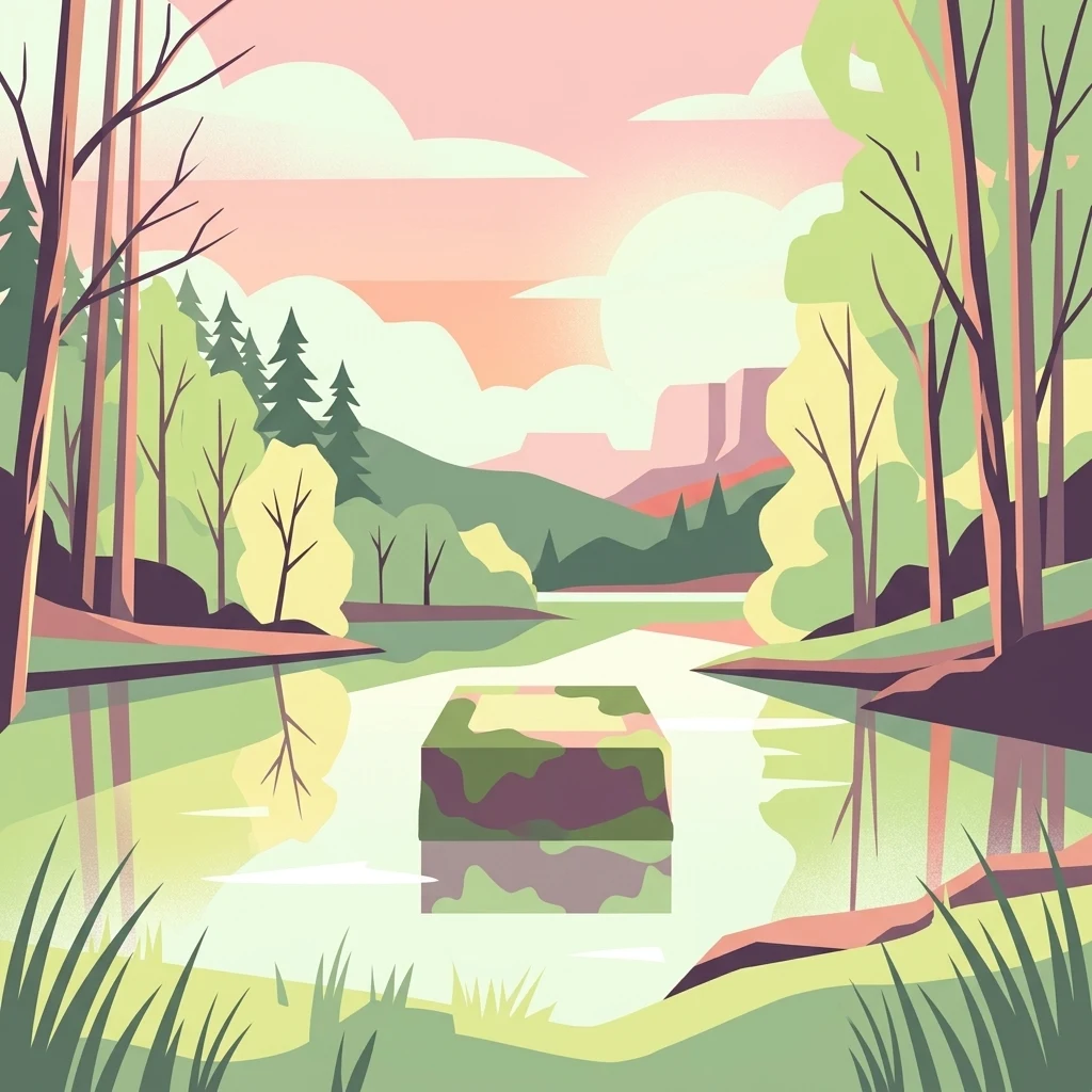 A flat-style digital illustration featuring a calm pond reflecting the surrounding forest and distant rolling hills under a soft pastel sunset sky.