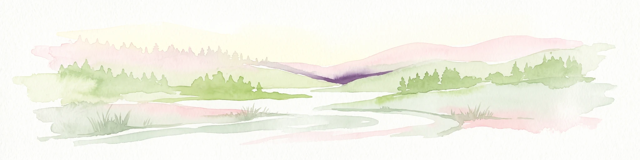 A watercolor painting of a wetland landscape with soft green hills, trees, and a winding waterway.