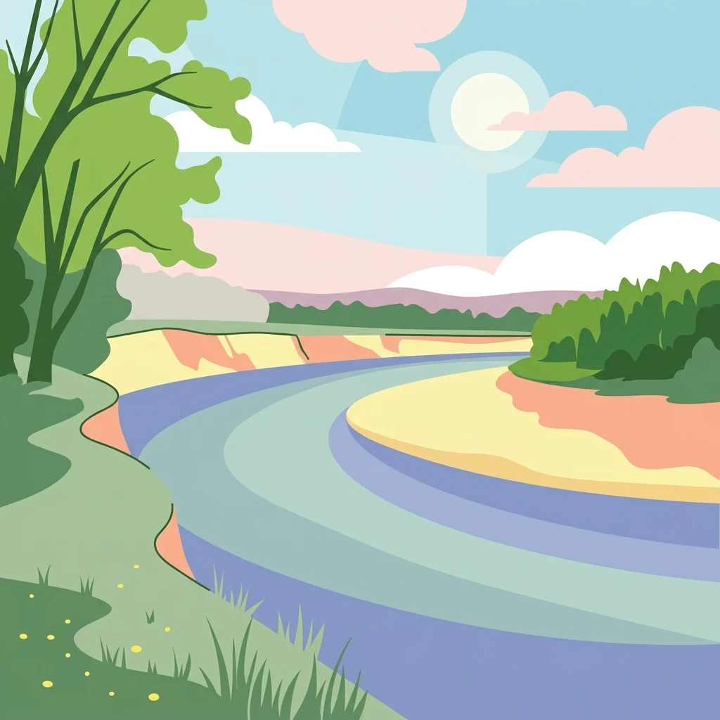 Una ilustración digital de estilo plano que representa un río serpenteante que fluye a través de una llanura aluvial exuberante, bordeada por árboles y orillas cubiertas de hierba bajo un cielo soleado.