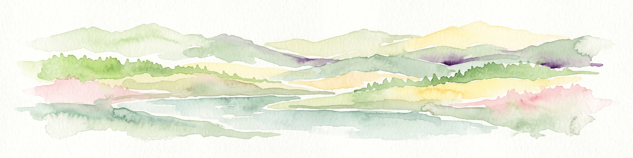 A horizontal watercolor painting showing a stylized, layered landscape of rolling green hills, a calm river, and hints of forest, rendered in soft pastel tones against a white background.