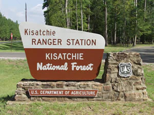 A brown and white entrance sign for the Kisatchie Ranger Station in Kisatchie National Forest, set on a stone base with a US Forest Service shield logo.