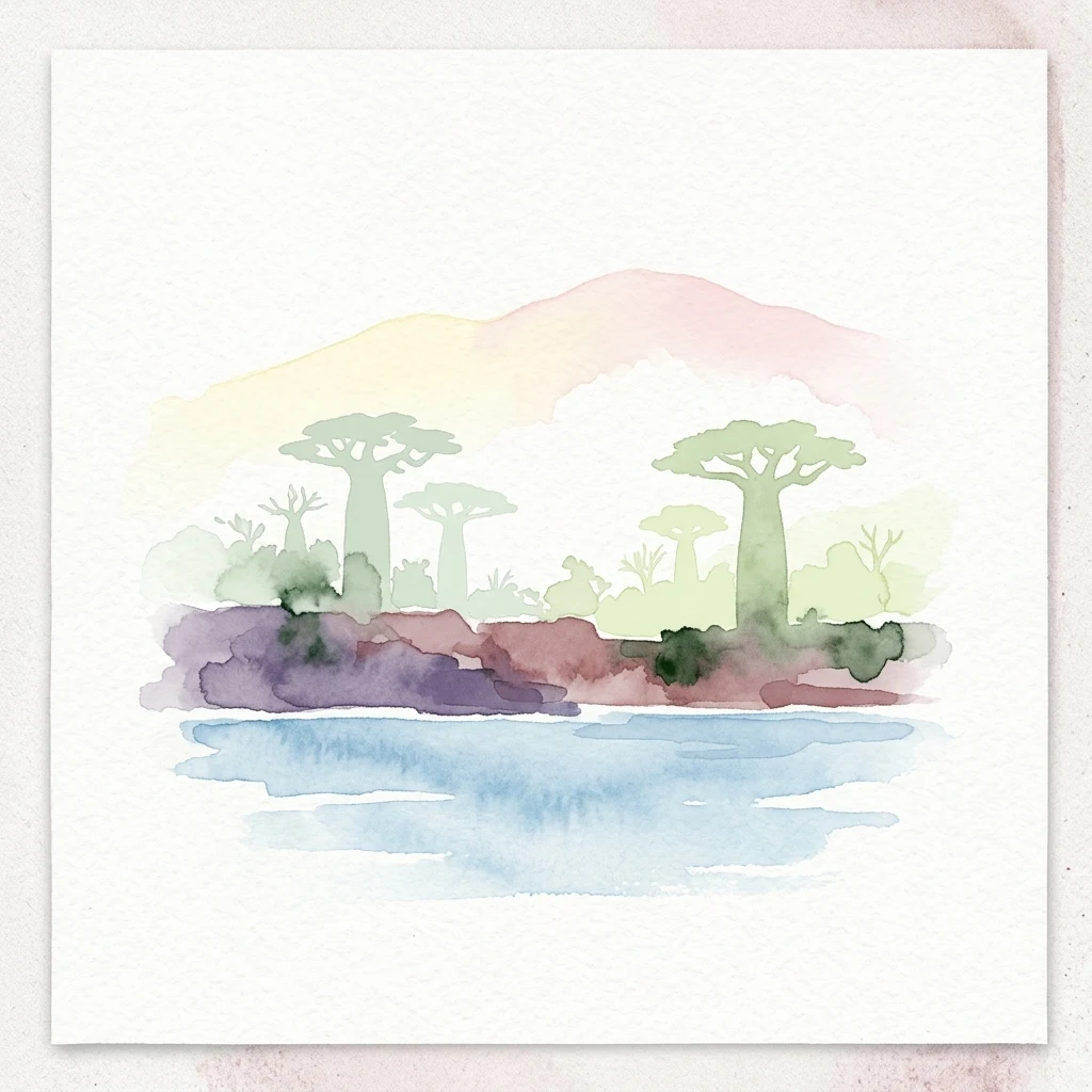 Ilustración acuarela de una escena costera con árboles y agua