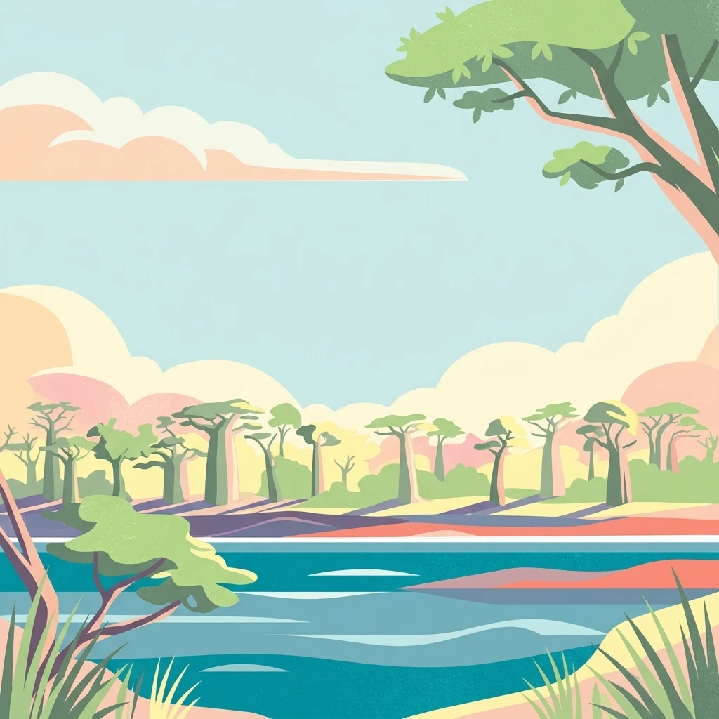 Illustration of a coastal landscape featuring calm water, trees, and a partly cloudy sky