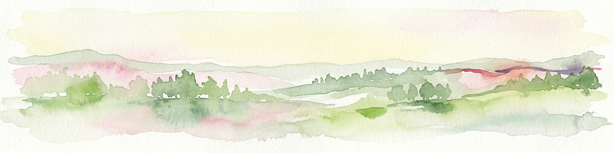 Watercolor illustration of a hilly landscape with green and pink hues, showing trees, distant hills, and a light sky