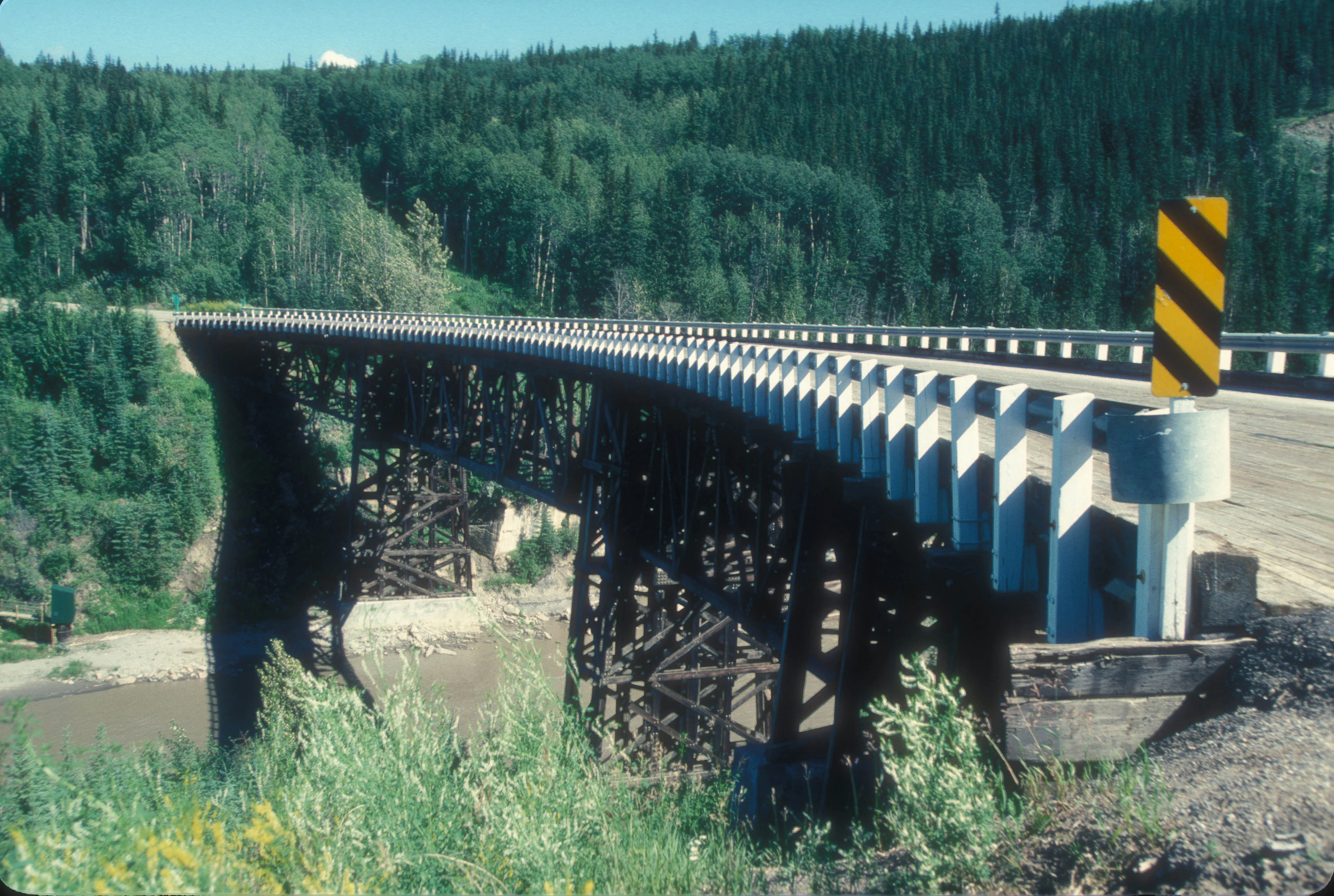 A curved wooden trestle bridge spans a river canyon surrounded by a dense green forest, viewed from the road level.
