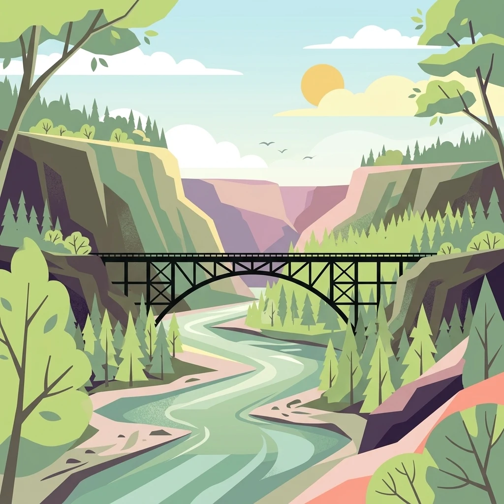 A flat-style vector illustration depicting a steel arched bridge crossing a river within a deep, tree-lined canyon under a soft, sunny sky.