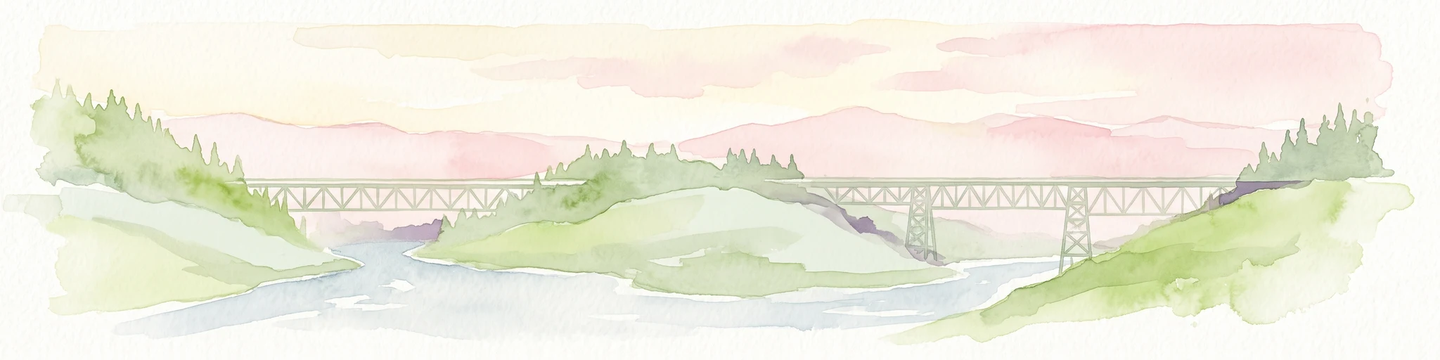 Watercolor painting of a long truss bridge spanning a river winding through a valley with hills and trees in the background.