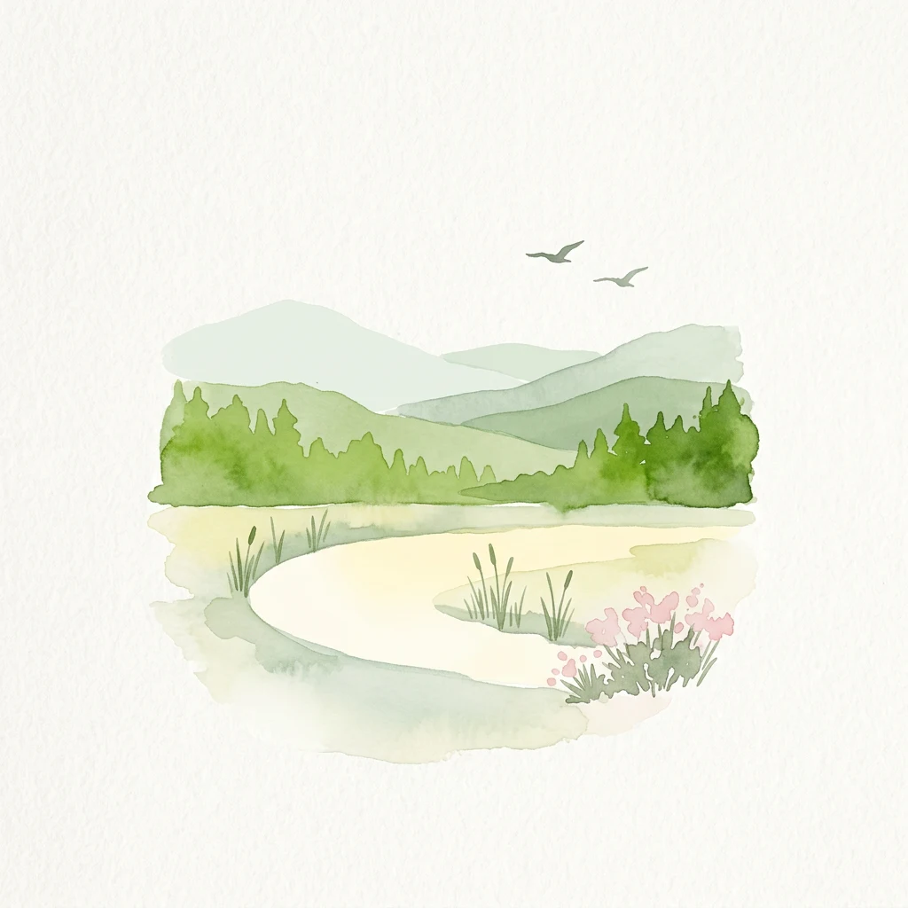 Watercolor illustration showing a winding path through meadows with hills and mountains in the background