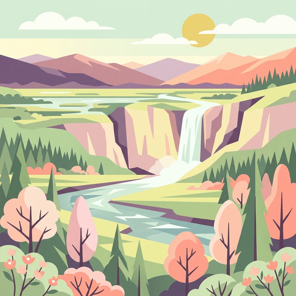 Ilustración estilizada de una cascada en un paisaje montañoso con un río que fluye por un valle rodeado de bosques de diferentes tipos de árboles bajo un cielo con sol y nubes