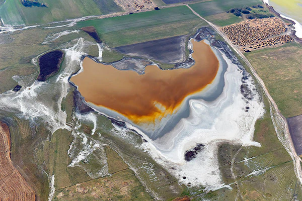 Aerial view of Kiskunság National Park showing a brown water body, white salt flats, and green agricultural fields
