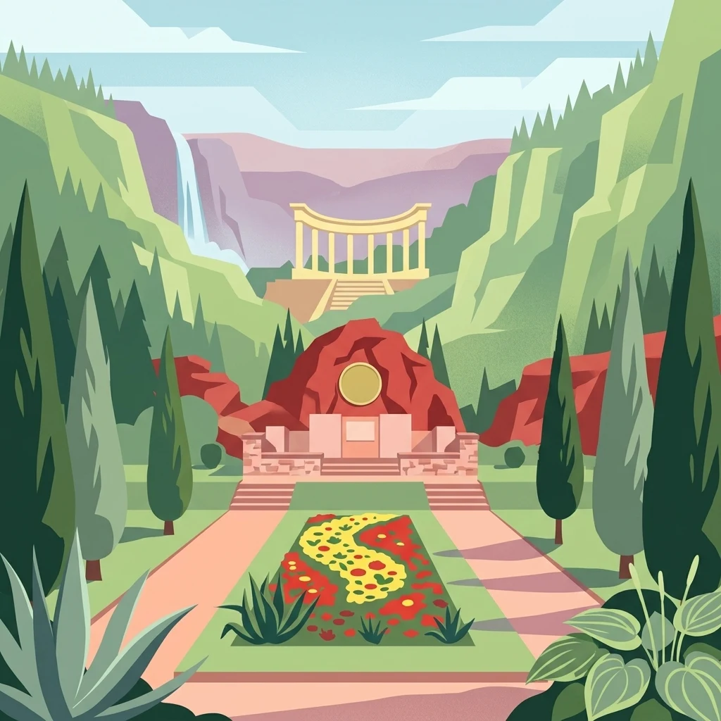 A digital illustration showing a landscaped park scene with a central stone structure, formal garden beds, cypress trees, and a distant waterfall set against rolling green hills.
