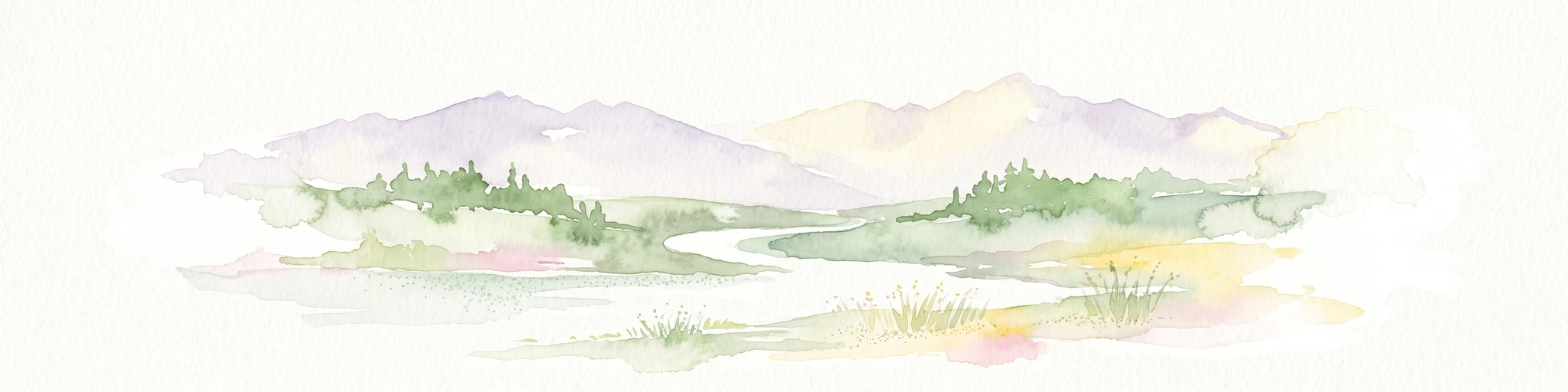 A soft watercolor painting depicting a gentle mountain landscape with green forests, grassy plains, and a winding path or stream against a light background.