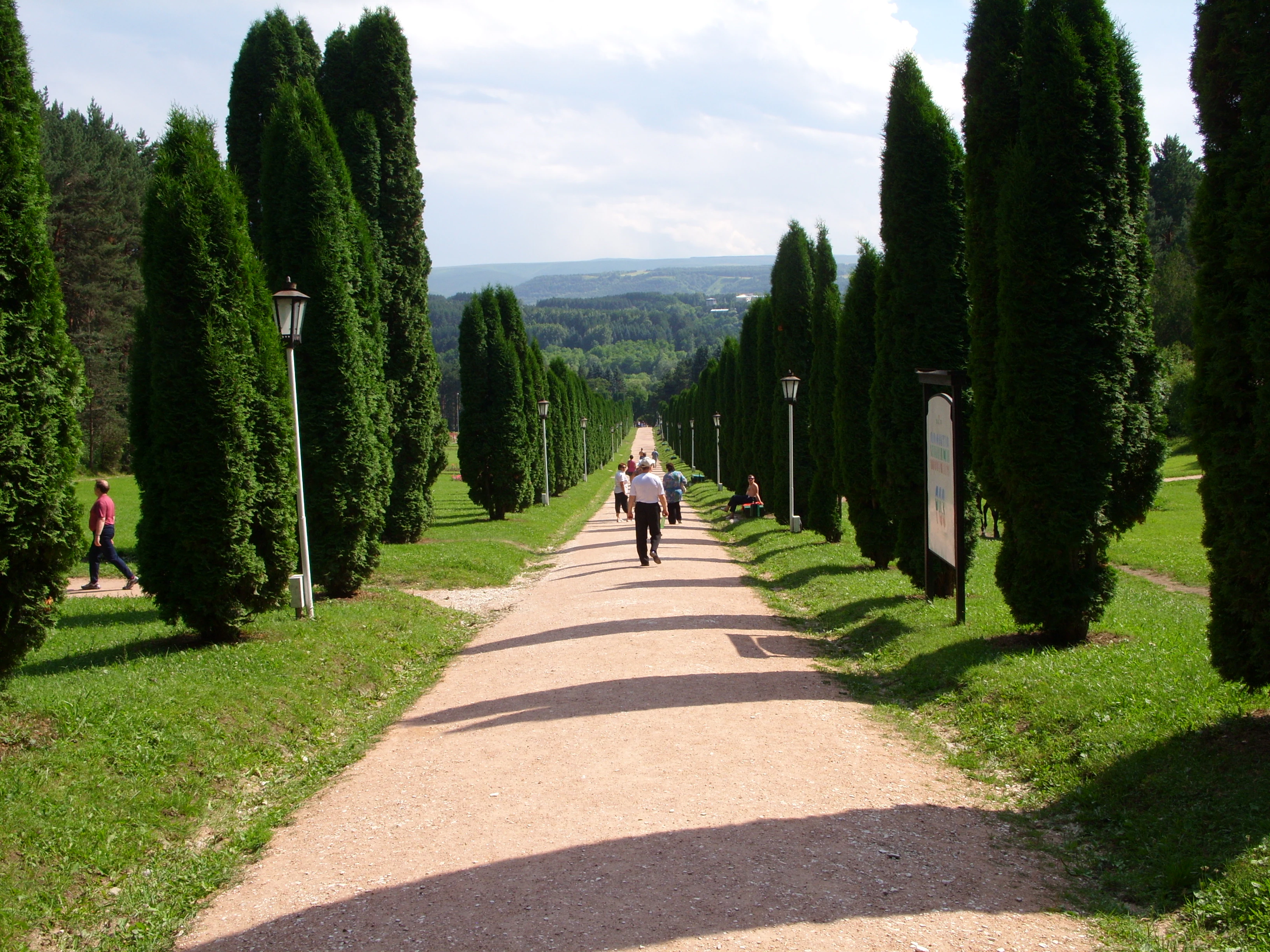 A wide, straight gravel path stretches into the distance, flanked on both sides by rows of tall, narrow, cone shaped evergreen trees, with several people walking along the path under a cloudy sky.