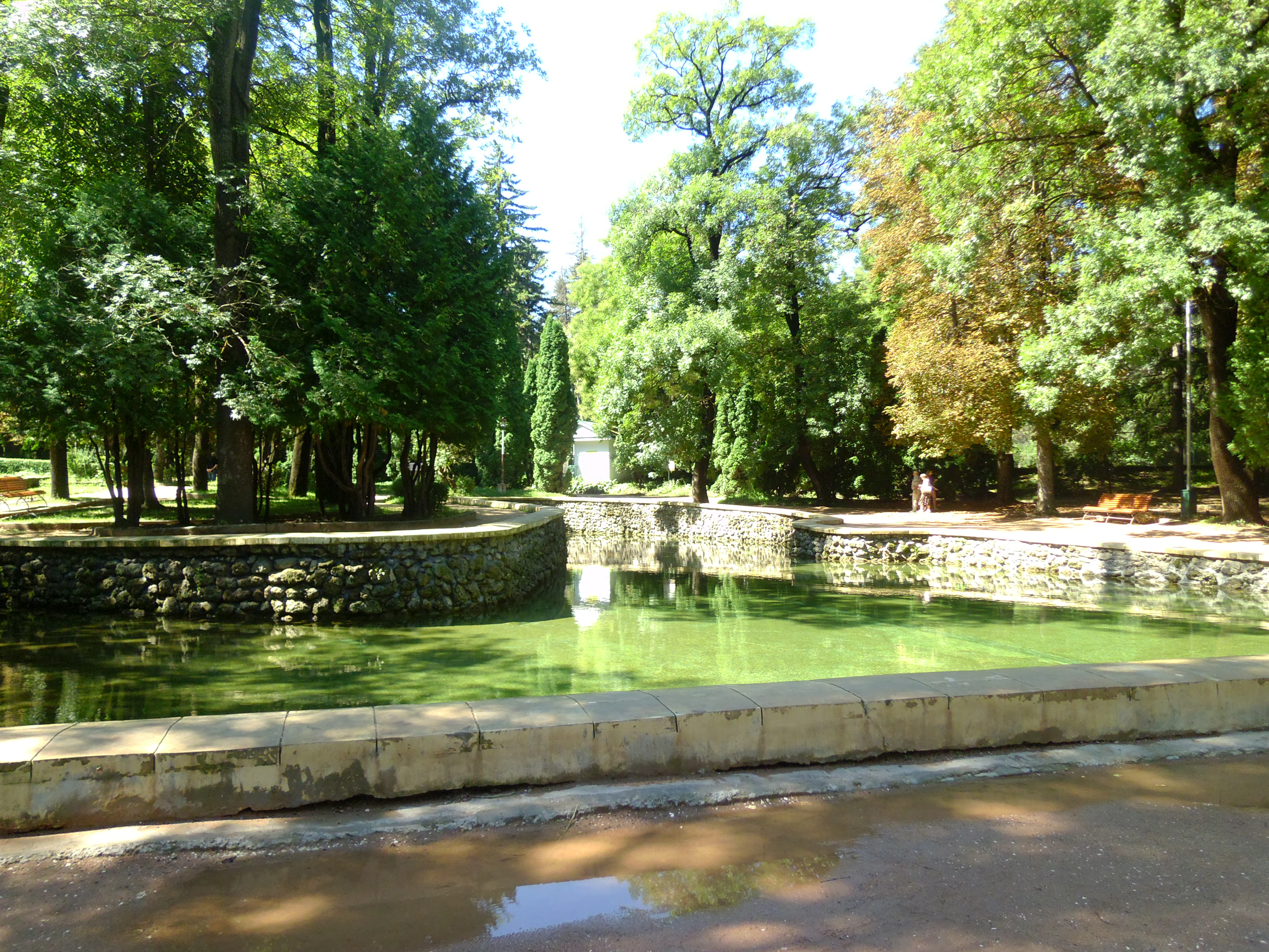 A peaceful garden pond with light green water, surrounded by stone retaining walls and lush green trees in a park setting.
