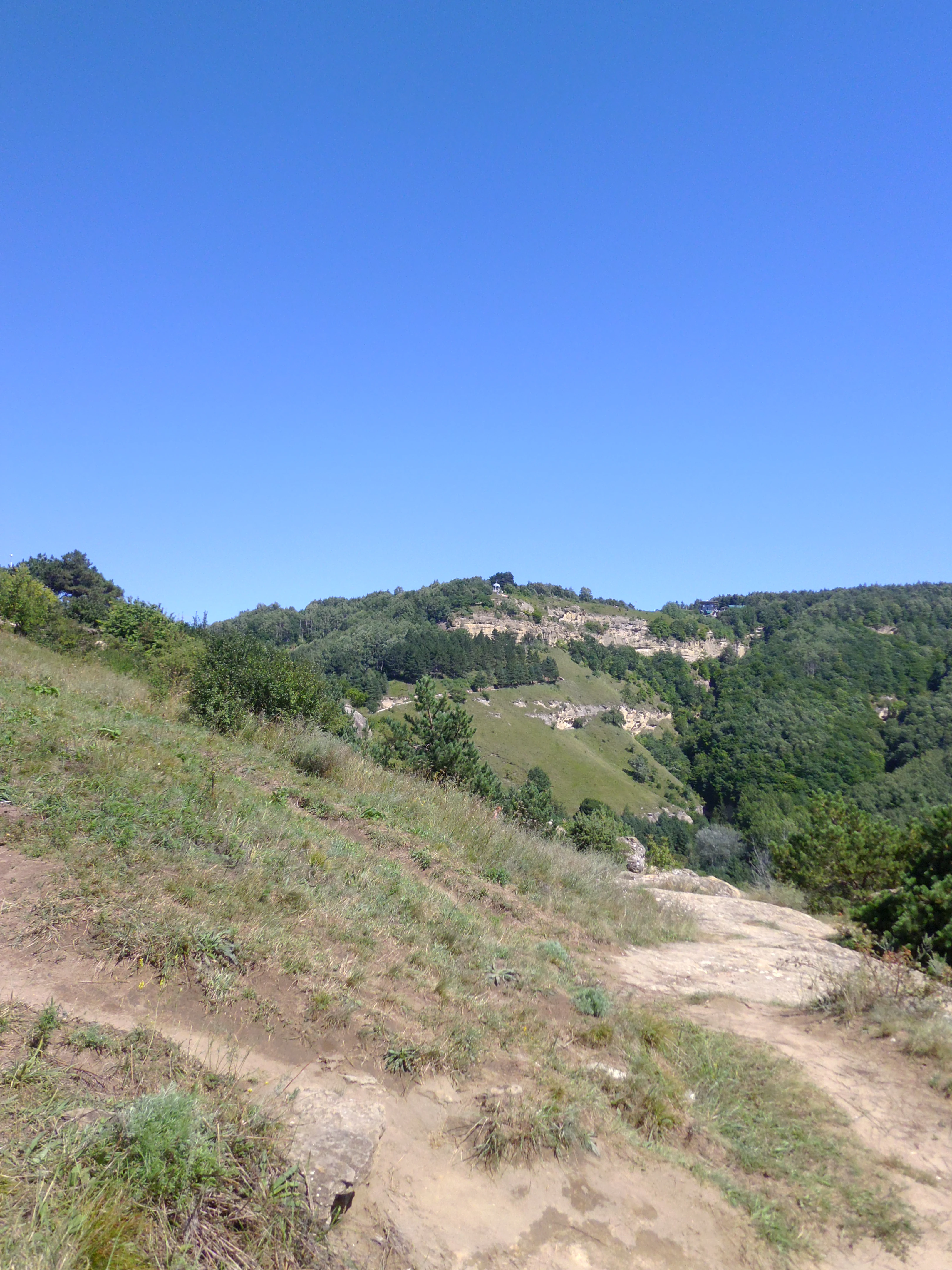 A sunny, daytime view of grassy, hilly terrain with forested patches under a clear blue sky, featuring a dirt path in the foreground.