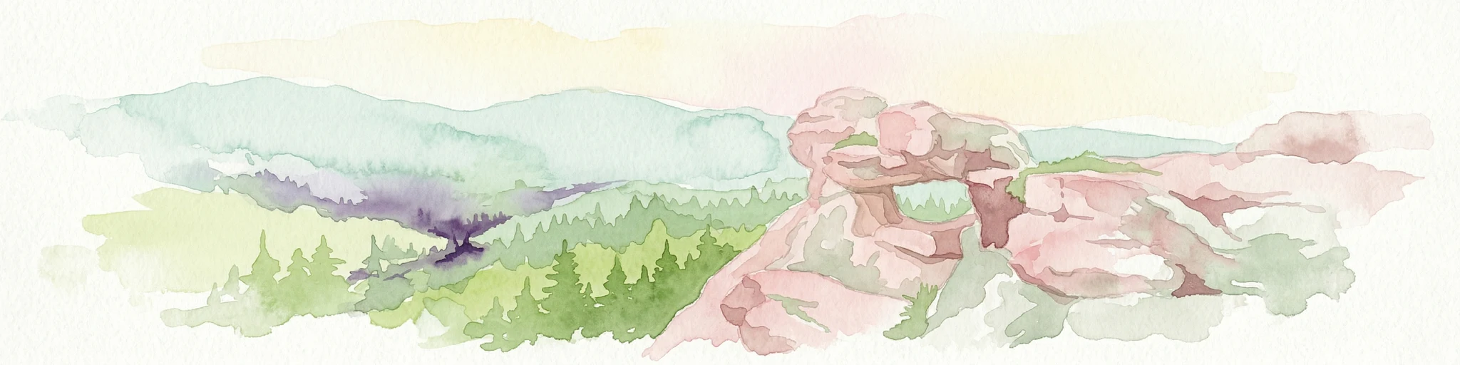 Pintura acuarela de un paisaje montañoso con afloramientos rocosos, bosques y colinas distantes