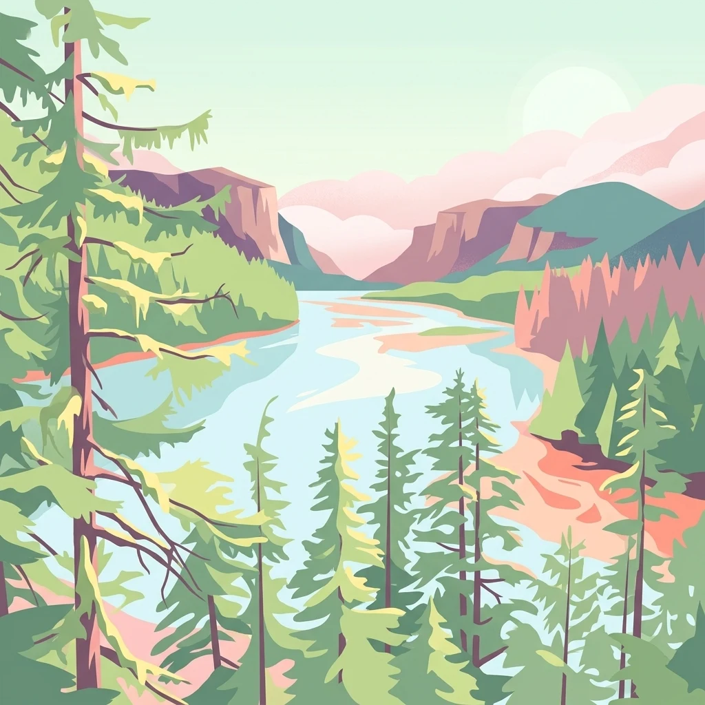 An illustrative style digital painting of a coastal river winding through a valley lined with dense coniferous forests and distant mountain slopes, rendered in a muted, soft palette of greens, pinks, and light blues.