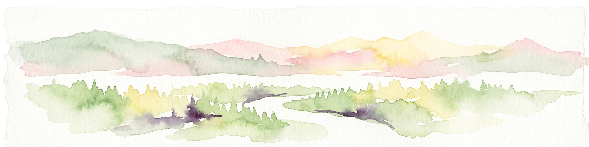 A soft, light watercolor painting of a winding river flowing through a forested valley with distant, muted mountain ranges under a pale sky.