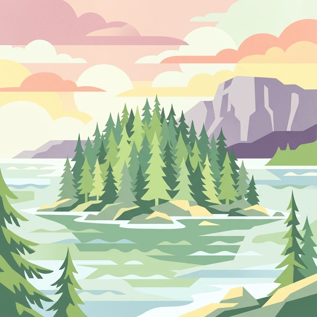 A stylized vector illustration of a forested island surrounded by water, with a mountain range in the background under a soft sunrise sky.
