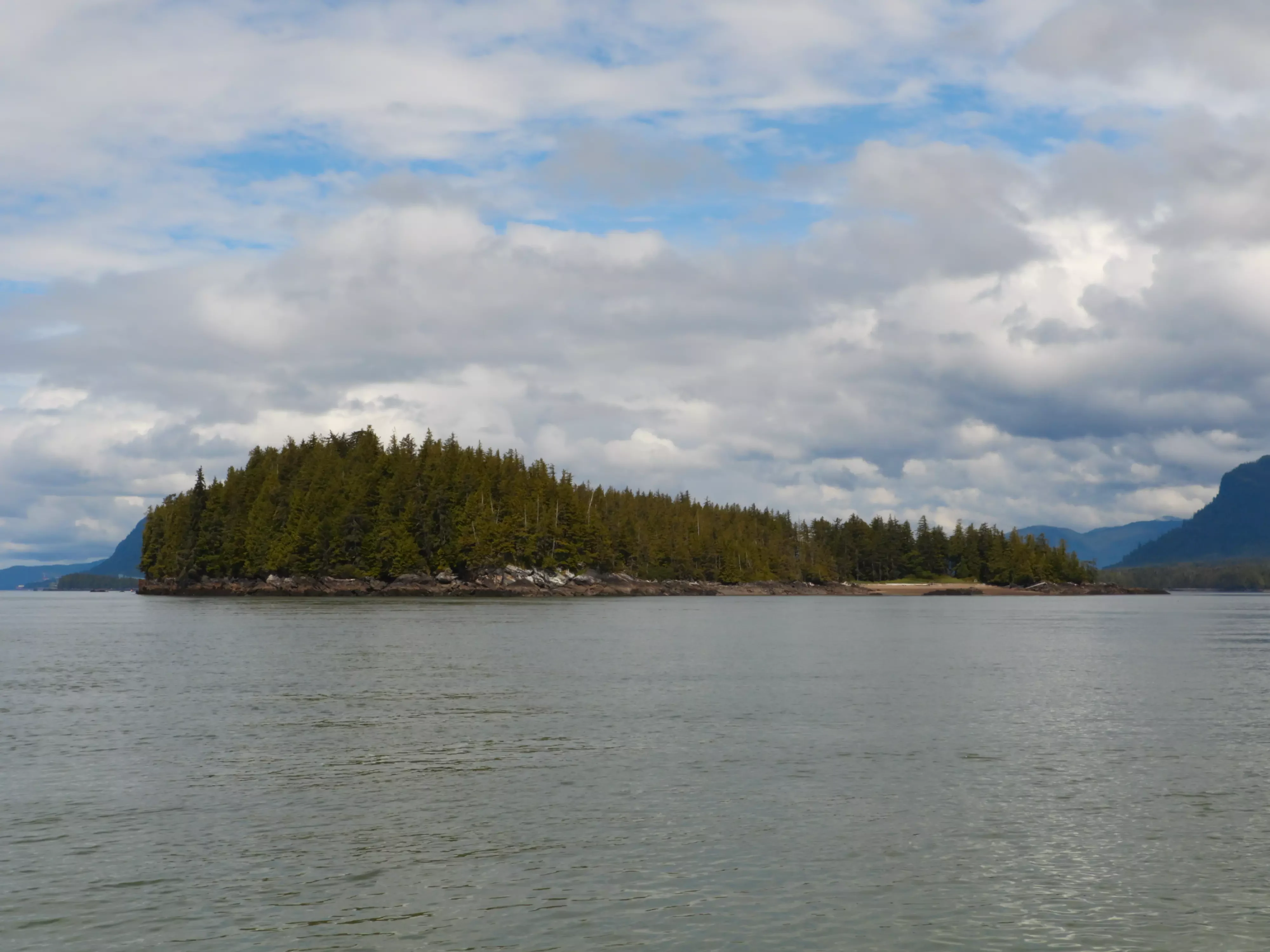 A low-angle, wide shot of a forested island surrounded by calm water under a cloudy sky.