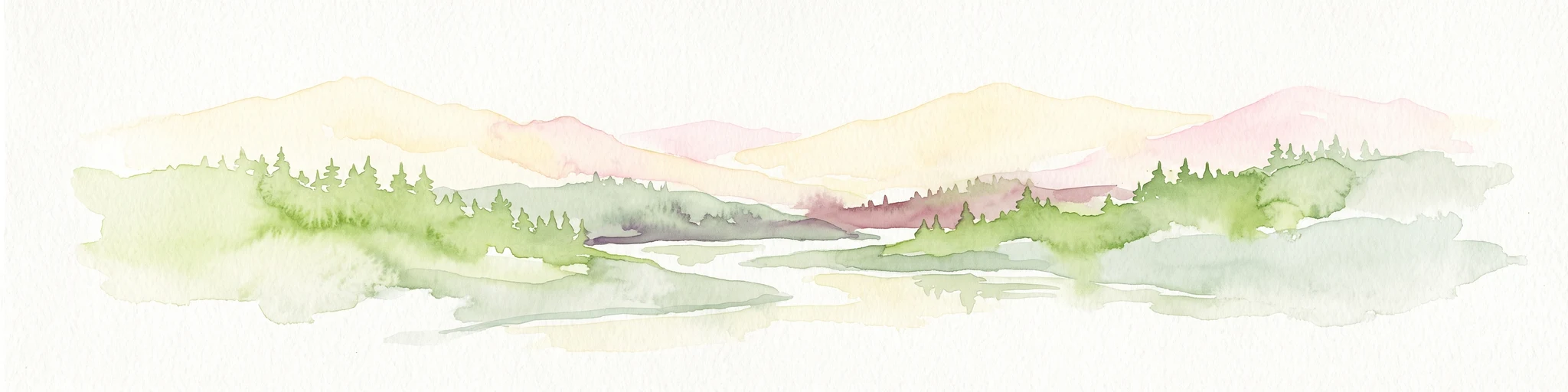 Watercolor painting of a coastal scene with green islands, coniferous trees, and soft, hazy mountains in the background, set against a white background.