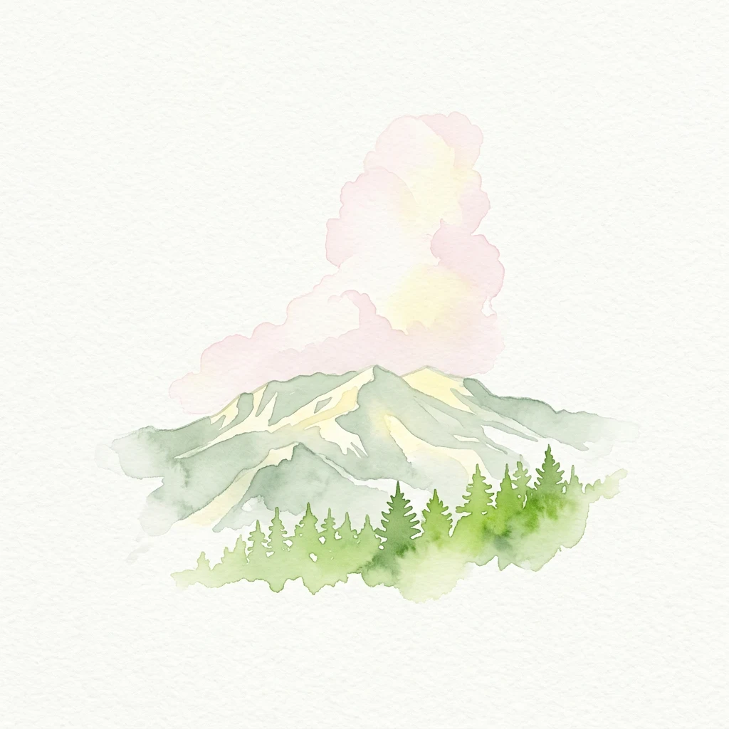 Watercolor illustration of a mountain with green trees and pink clouds