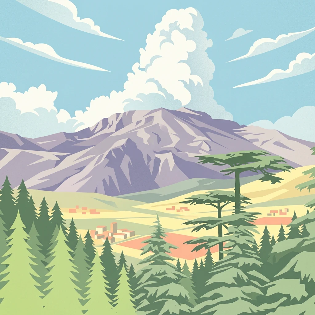 Ilustración de cordillera, bosques de pinos y pueblo bajo cielo azul con nubes
