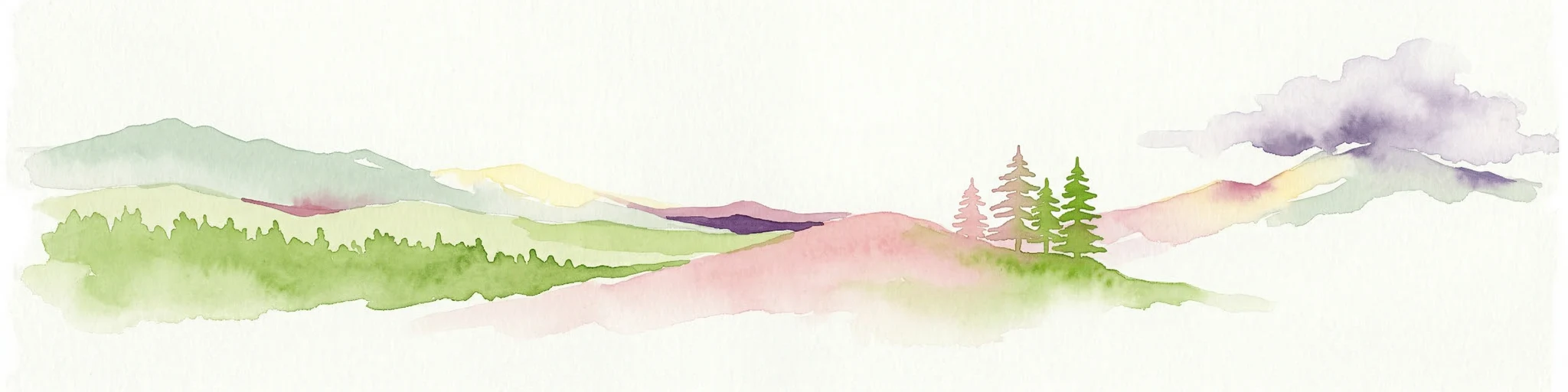 Ilustración en acuarela de colinas verdes, pinos y montañas distantes bajo un cielo claro