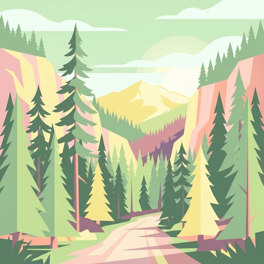 A minimalist flat-design illustration showing a dirt path leading through a dense conifer forest toward a distant, sunlit mountain peak.