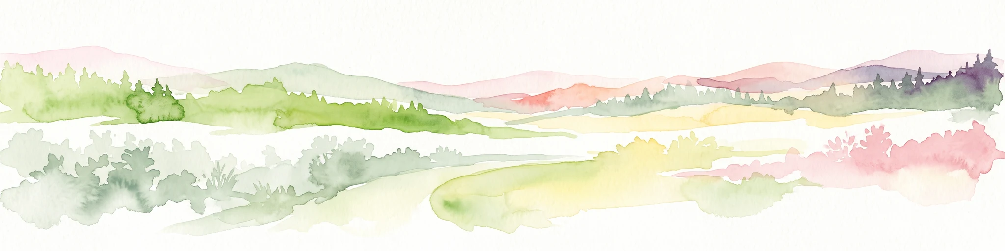 A watercolor painting of soft, layered mountain ridges and forests in muted green, yellow, and red tones, presented in a wide, horizontal format against a white background.