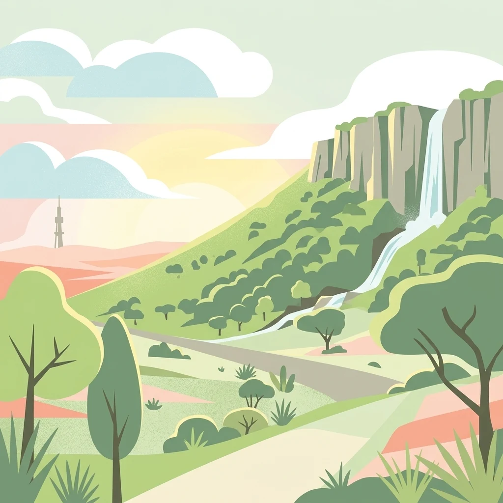 A flat-style digital illustration of a landscape with green hills, a cascading waterfall on a cliff, sparse trees, and a tall communication tower in the distant horizon under a soft sunset sky.