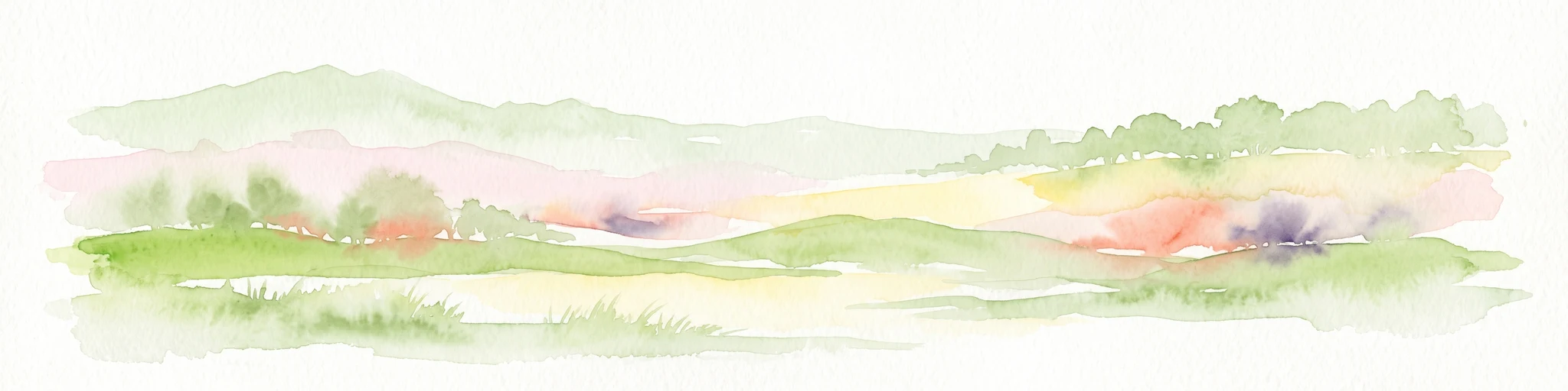 A soft watercolor illustration depicting rolling green hills and subtle landscape features on a white background.