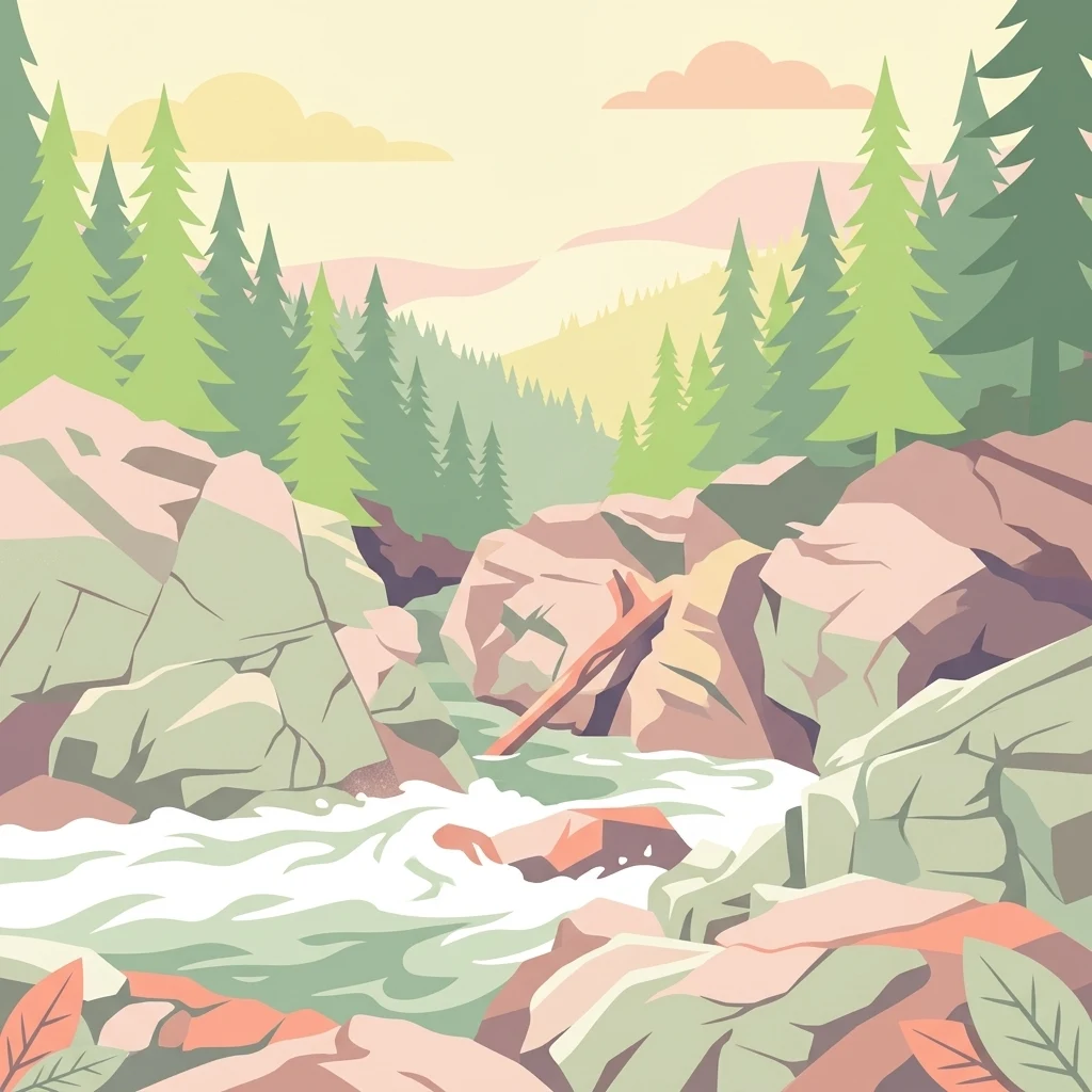 A flat-style vector illustration of a river flowing through a rocky canyon surrounded by evergreen trees under a soft-toned sky.