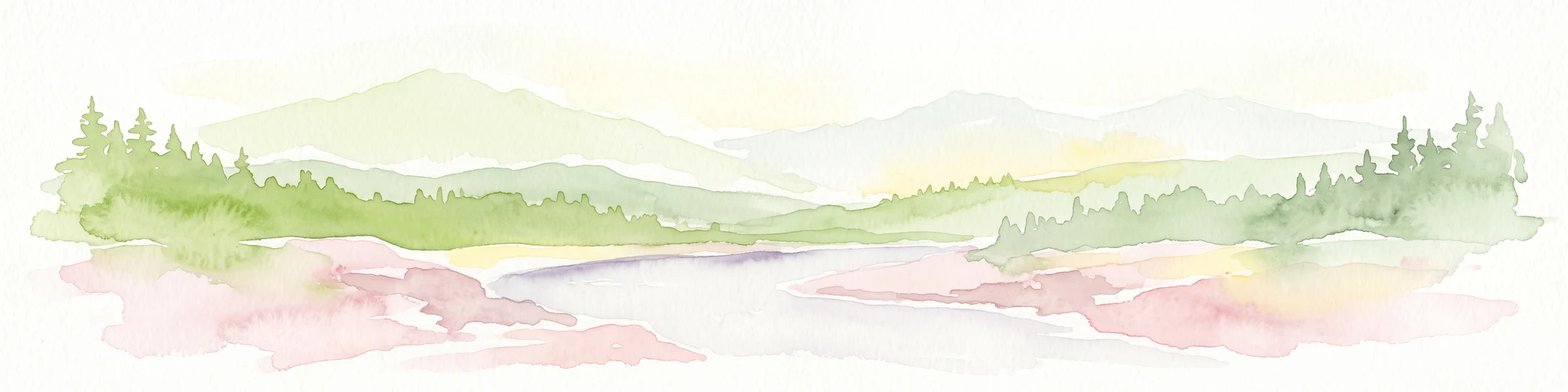 A soft watercolor illustration depicting a winding creek bordered by pine forests, with rolling mountains in the background, set against a plain white background.