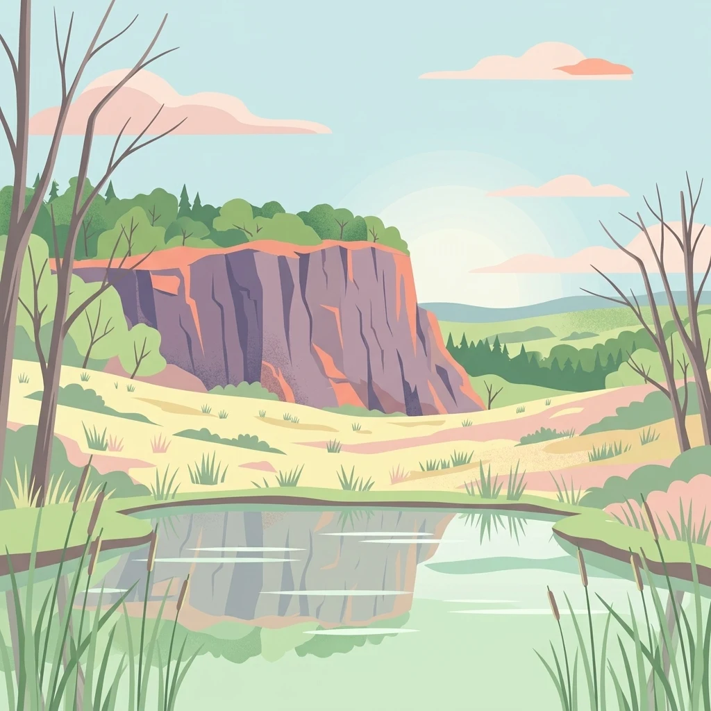 Una ilustración digital de estilo plano que muestra un estanque tranquilo en primer plano con juncos altos, una pradera herbácea en el plano medio y un gran acantilado rocoso respaldado por un bosque y un cielo suave.