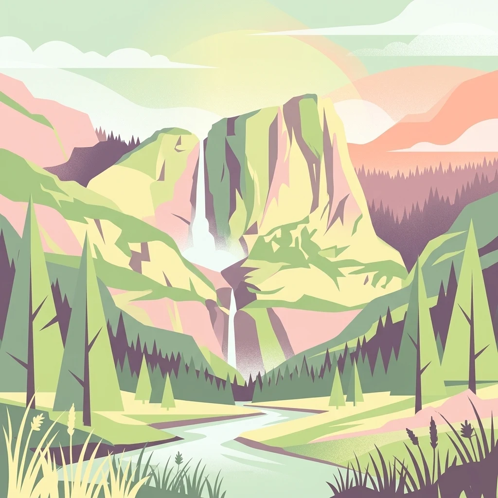 Una ilustración estilizada que muestra un valle con montañas, dos cascadas, un río y árboles de hoja perenne.