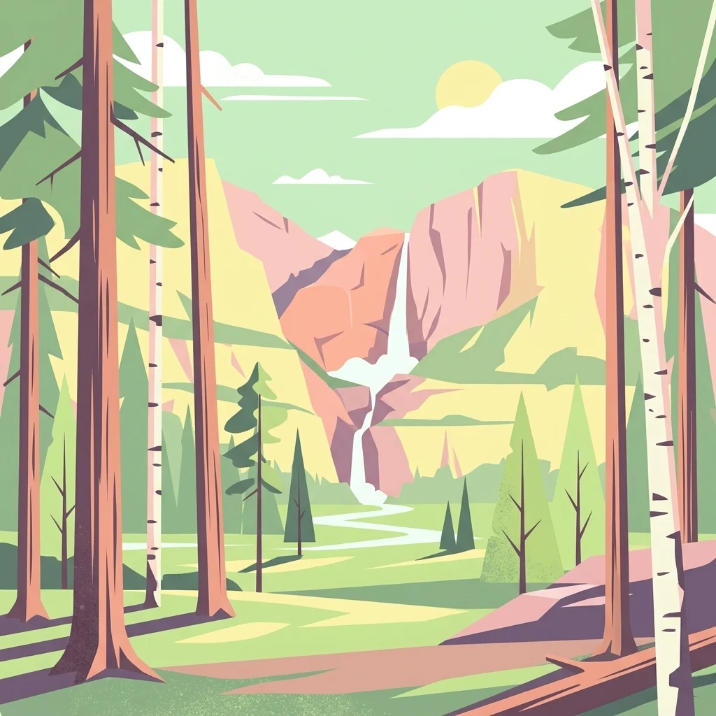 A flat-style digital illustration depicting a valley framed by tall trees in the foreground, with a waterfall cascading down a mountain cliff in the distance.