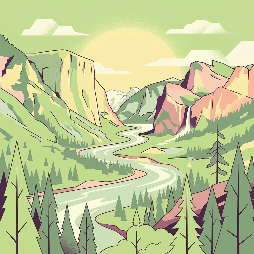 A flat-style vector illustration showing a winding river flowing through a forested valley flanked by rocky mountains, with a waterfall on the right and a large sun in the background.
