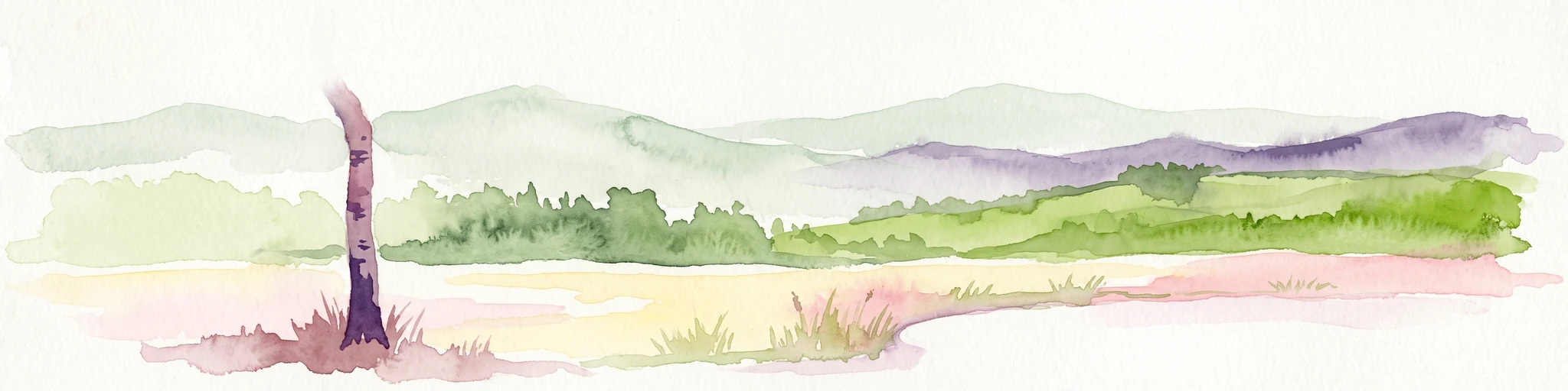 A watercolor illustration of a rural landscape with a single prominent tree in the foreground, green hills in the distance, and soft fields in between.