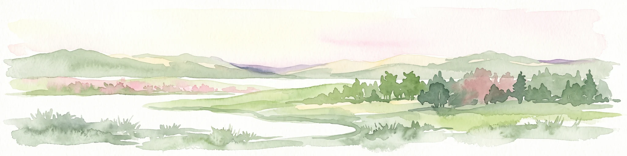 Una pintura en acuarela que representa un suave paisaje panorámico de un valle con un arroyo serpenteante, colinas onduladas, prados y grupos dispersos de árboles.