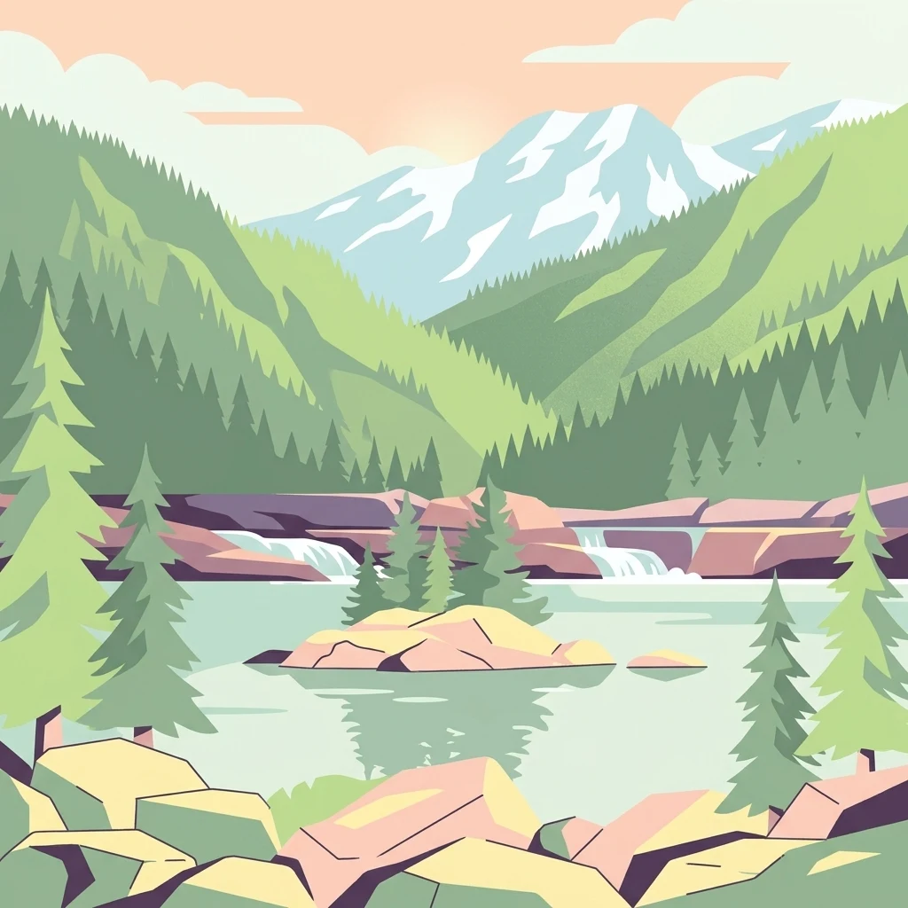 Ilustración vectorial digital de una ensenada pintoresca con primer plano rocoso, árboles de hoja perenne, pequeñas cascadas y montañas nevadas al fondo bajo una luz suave.