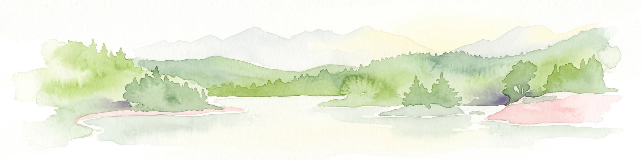 A horizontal watercolor painting showing a calm inlet surrounded by forested hills and distant mountains.