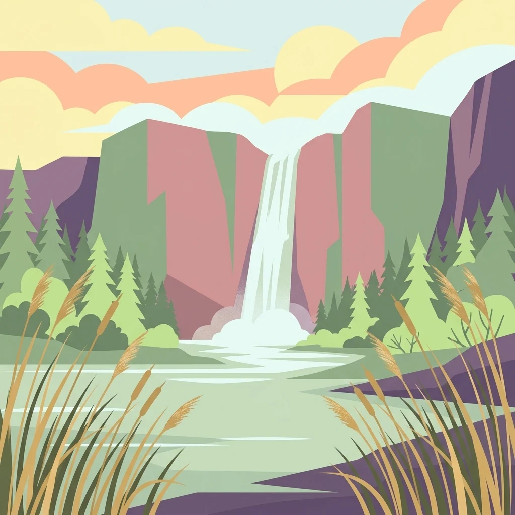 Una ilustración vectorial estilizada que muestra una cascada que se precipita entre altos acantilados hacia un lago tranquilo, enmarcada por pinos y hierbas altas en primer plano.