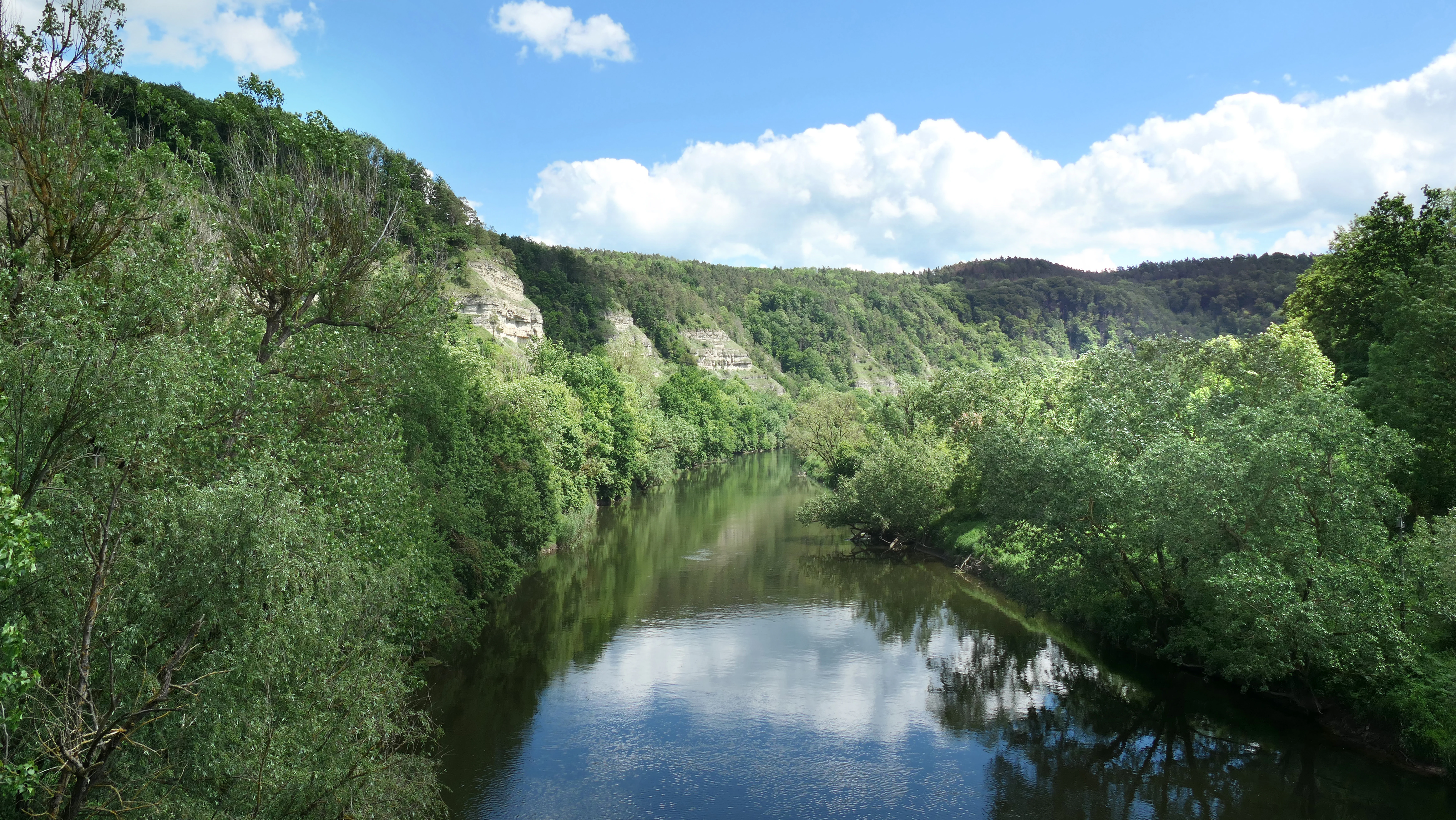Un río ancho y tranquilo que serpentea por un valle verde y exuberante con acantilados altos de piedra caliza de color claro y densos bosques caducifolios a ambos lados, bajo un cielo azul con nubes blancas.