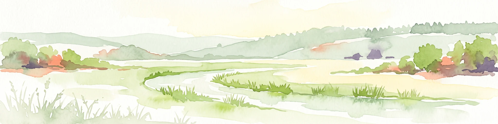 Watercolor illustration of a lush river valley with gently rolling hills and trees under a soft, light sky.