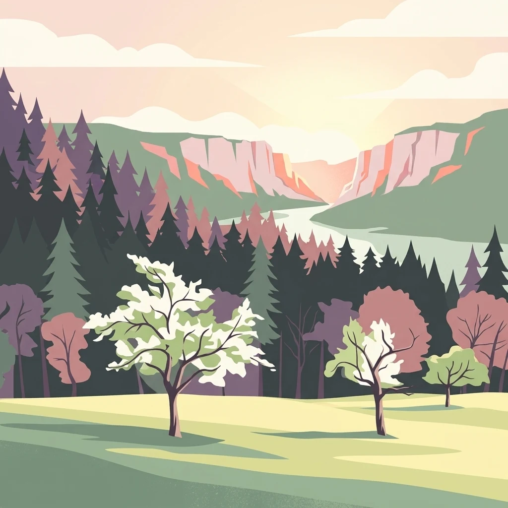 A stylized flat vector illustration of a valley landscape featuring foreground meadows with scattered flowering trees, a dense coniferous forest, and distant rock cliffs under a soft sunset sky.