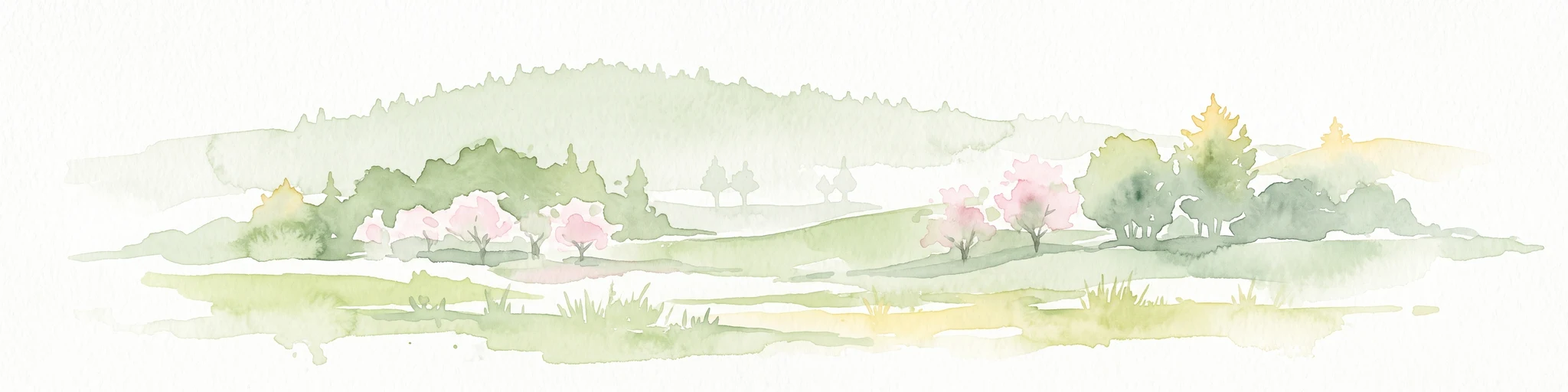 Una suave ilustración en acuarela de un paisaje verde ondulado con árboles en flor y colinas boscosas en la distancia, aislada sobre un fondo blanco.