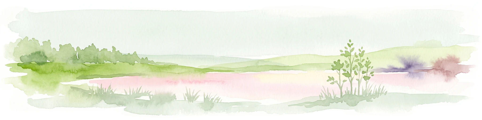 Una suave acuarela que muestra una laguna rosada rodeada de vegetación verde y colinas onduladas en la distancia.
