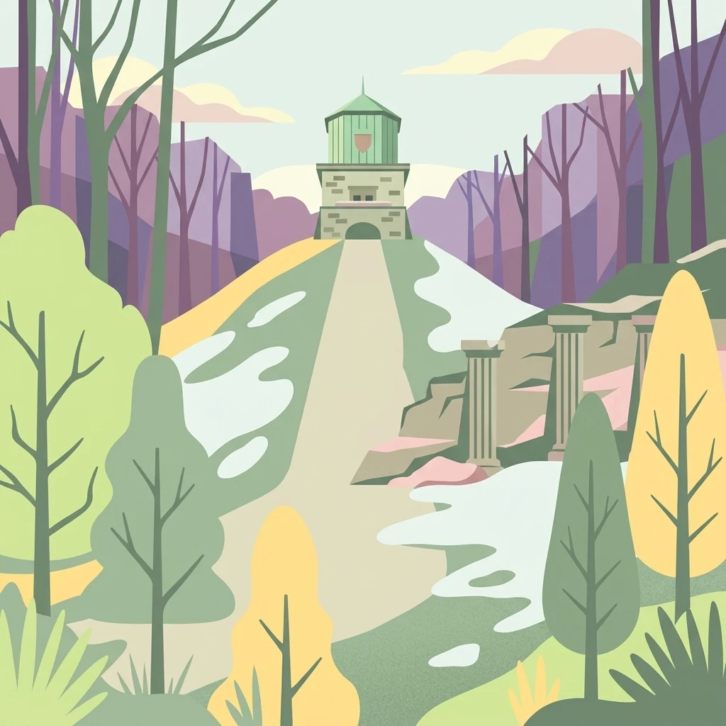 Una ilustración digital de un paisaje de parque con una pequeña torre de piedra sobre una colina cubierta de hierba, rodeada de árboles y columnas arquitectónicas.