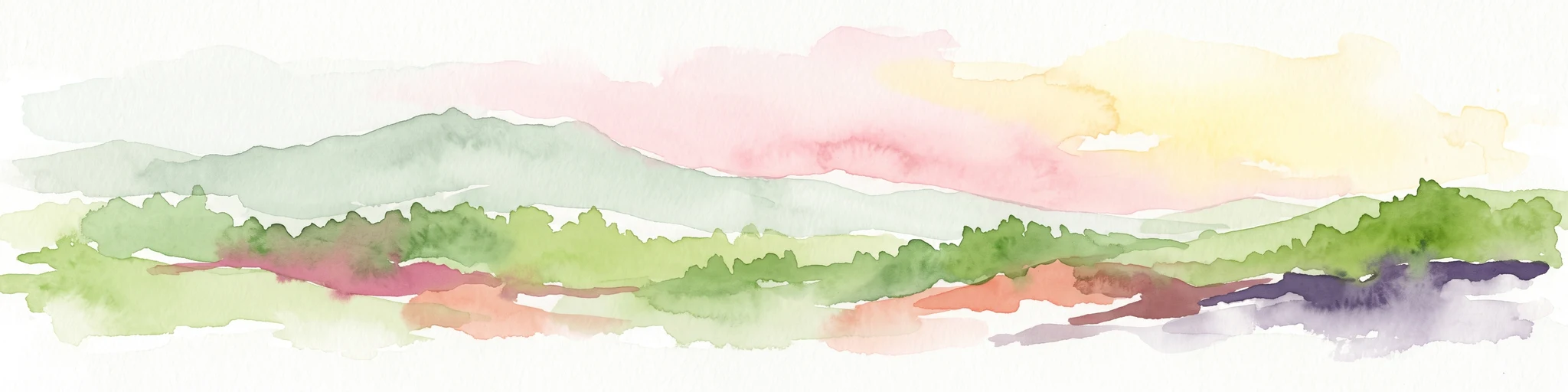 Watercolor painting of soft, rolling green hills and a gentle mountain silhouette against a pastel sunrise sky.